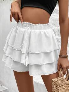 SHEIN Essnce Women's Solid Colored Ruffled Edge Paper Bag Waist Shorts - White - View 3