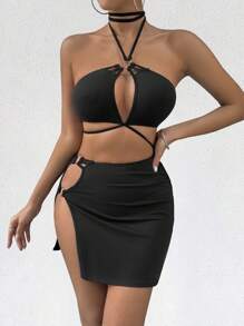 Zolique Vestido Hueco Para Mujeres Con Cuello Halter Y Cinturón - Negro - Ver 6