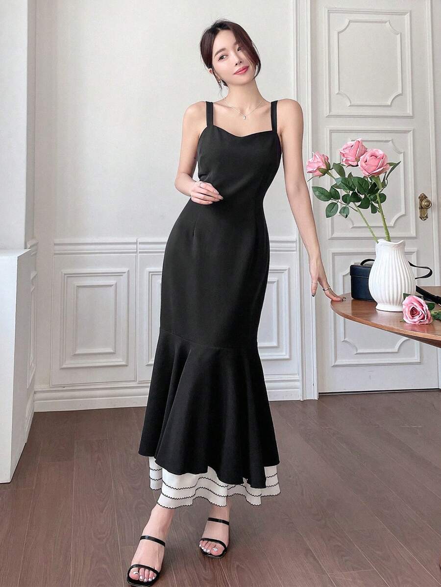 DAZY 拼接美人鱼下摆紧身连衣裙，生日舞会礼服，吊带裙，正式女士连衣裙，优雅女士连衣裙，长款连衣裙 - 黑色 - 查看 1