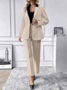 SHEIN Privé Women's Color Block Lapel Jacket And Solid Color Trouser Suit - Apricot - View 3