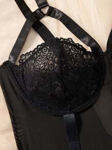 大碼蕾絲拼接網紗背帶吊帶襪內衣套裝 - 黑色 - 查看 4
