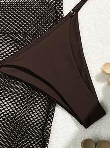 SHEIN Swim 3 件套女士纯色吊带比基尼套装上衣、泳裤和罩裙比基尼套装、夏季海滩泳衣 - 咖啡棕 - 查看 5