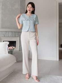 DAZY Plaid Pattern, Round Neck, Metal Button, Loose Fit, Short Jacket Summer