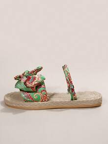 女士綠色蝴蝶結拖鞋,有型的沙灘鞋,防滑兩用扁平拖鞋 - 綠色 - 查看 4