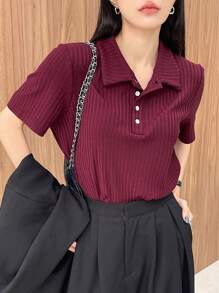 DAZY Solid Color Button Placket Henley Neck Ribbed Short Sleeve T-Shirt Summer,Business Casual Women - Burgundy - View 6