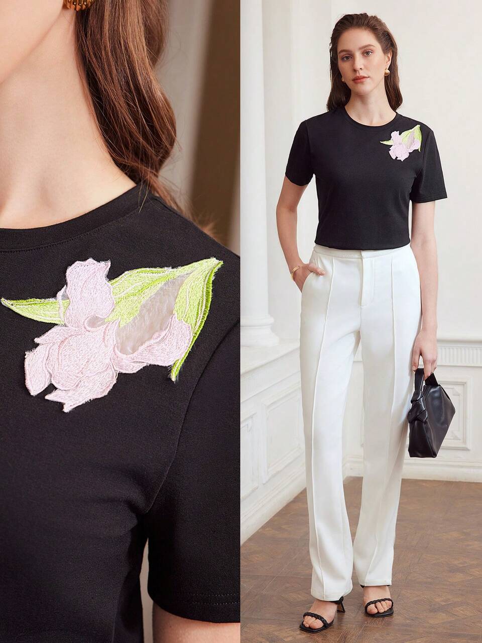 KNITTED WOMEN'S EMBROIDERY FLORAL T-SHIRT