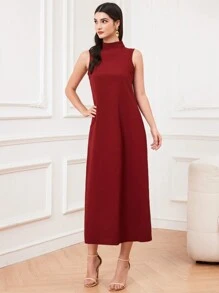 Al Najma 勃艮第红色女士披肩领全图案长袖外套和立领无袖连衣裙两件套 2 件套女士秋季布料 - 酒紅色 - 查看 5