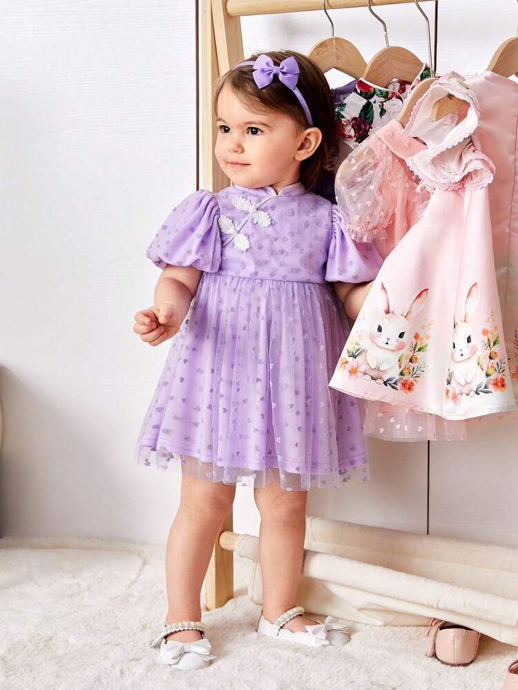 Baby Girl Cute Bubble Short-Sleeved Polka Dot Mesh Stand Collar Hanfu Dress