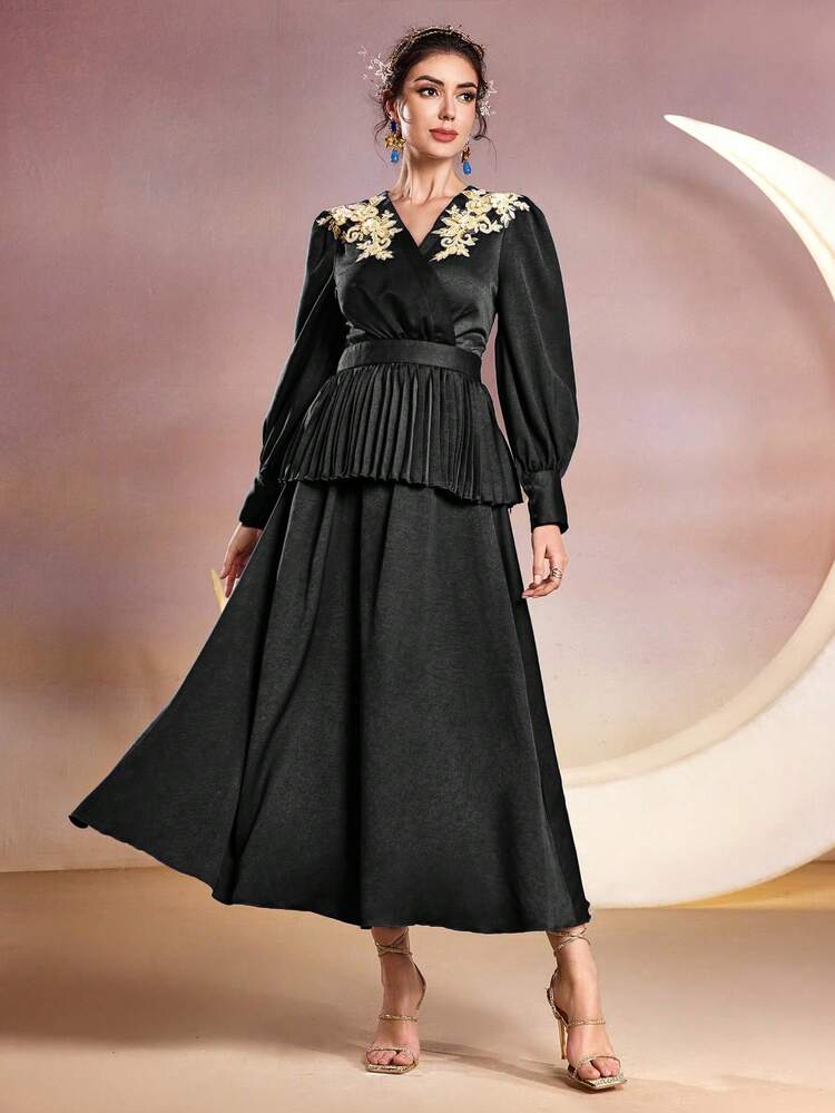 Women's Floral Patterned Lantern Sleeve Pleated Hem Shirt And Skirt Set 2 Pieces Set