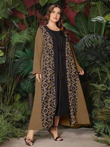 Al Najma 大尺碼女士印花外套阿巴婭和無袖連衣裙套裝 - 鏽棕色 - 查看 6