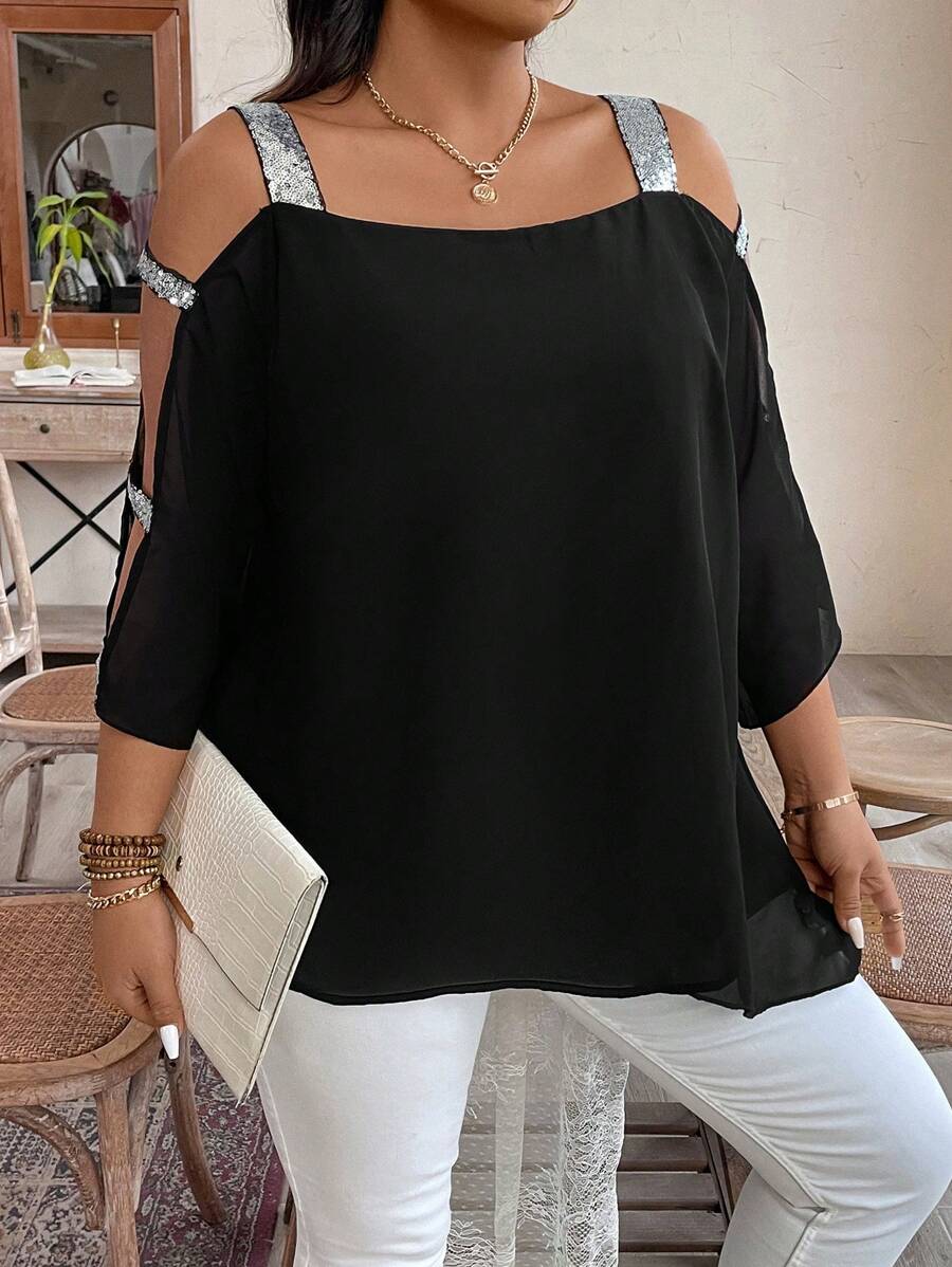 Plus Size Glitter Sparkle Stripe & Mesh Contrast Cold Shoulder Shirt - Black - View 1