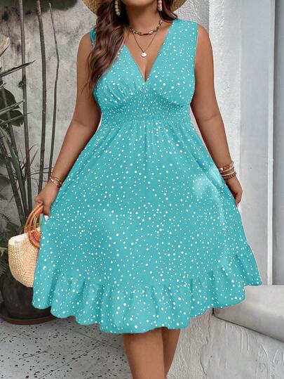 Flirla Plus Size Polka Dot Printed V-Neck Wrap Waist Dress Maxi Vacation Beach Outfits Women