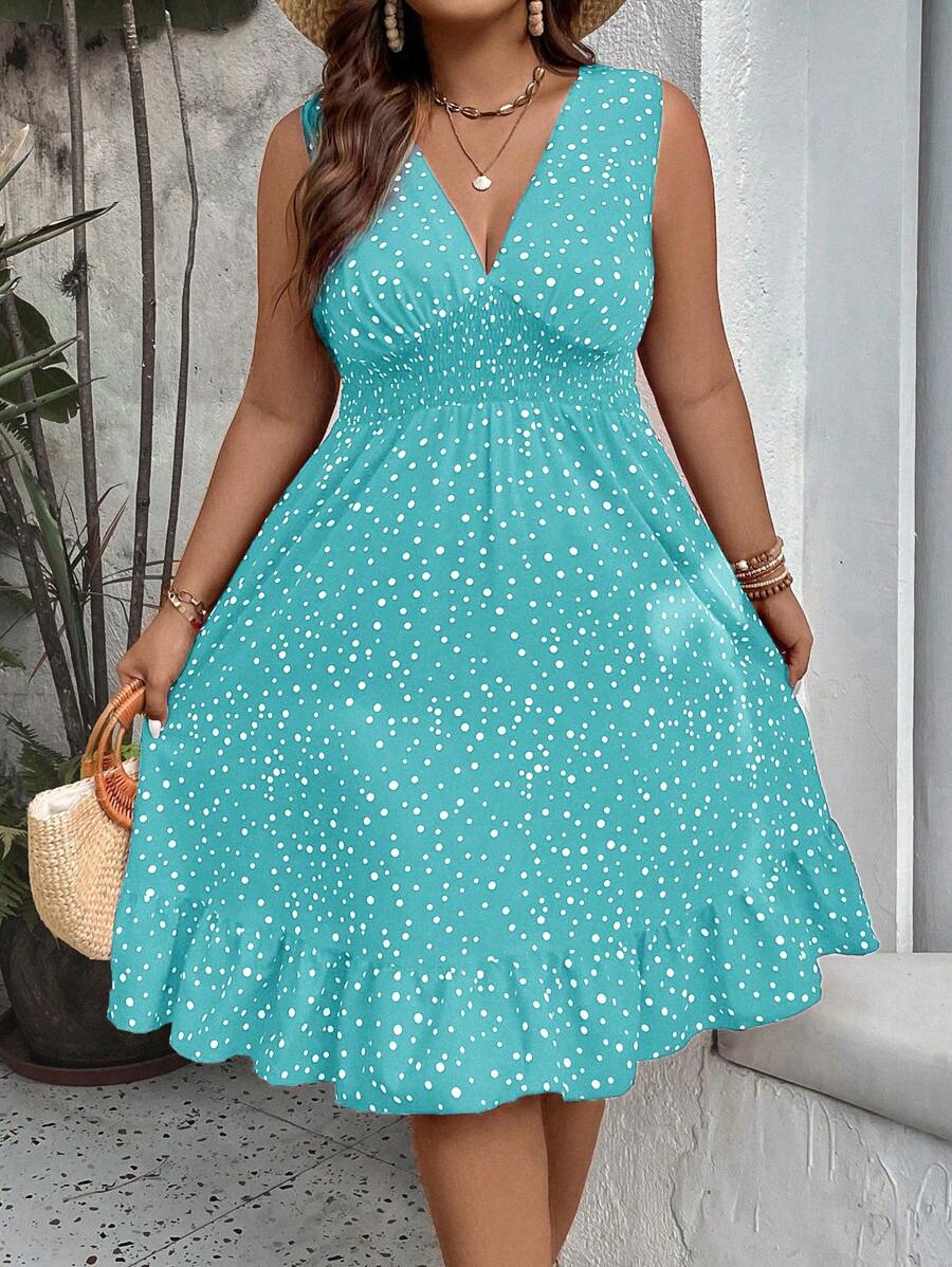 Flirla Vestido Envelope Longo com Estampa de Bolinhas e Decote em V para Mulheres, Roupas de Praia e Férias em Plus Size - Multicolorido - Visão 1