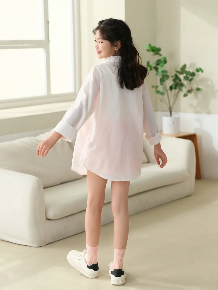 3pcs/Set Loose Fit Casual Striped Shirt With Lapel Collar, Solid Color Tank Top And Shorts For Tween Girls