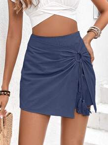 SHEIN Frenchy 流蘇裝飾環扣蝴蝶結包裹迷你不對稱裙短褲 - 藏蓝色 - 查看 3