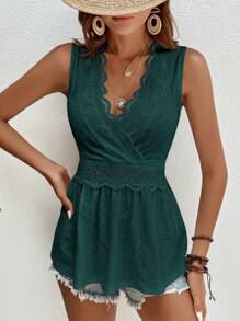 SHEIN Frenchy Contrast Lace Scallop Trim Peplum V Neck Tank Top Summer Green Casual Christmas - Dark Green - View 5
