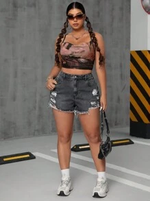 SHEIN ICON Quần short denim rách cỡ lớn có túi cho mùa hè - màu đen - Xem 4
