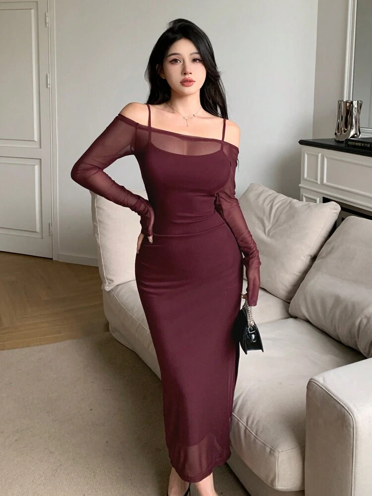 Valentine's Day Red Party Cocktail Dress, Women's Off Shoulder Mesh Long Sleeve Dress Sundress Sheer,Fall Dress