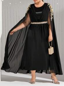 Modelyn Plus Size Women's Embroidered Cape Sleeve Arabic Dress,Elegant Evening Party Dress Long Evening Dresses