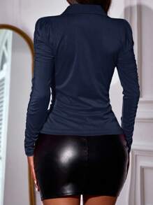 RosyDaze Camiseta De Mujer Con Pliegues unicolor Y Corte Ajustado Con Cierre Frontal De Botones