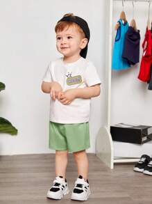 SHEIN Bebis Pojkar Tecknad Film Bokstavstryck Runda Hals T-shirts Med Regelbunden Shorts Set - Grön - Visa 9