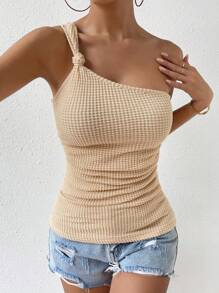 Chiquease Solid One Shoulder Waffle Knit Knot Detail Ruched Side Top - Apricot - View 4