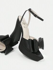 SheIn ICON 戶外女性圓頭高粗跟防水平台黑色涼鞋,鑲有鉆石裝飾和扣環帶 - 黑色 - 查看 1