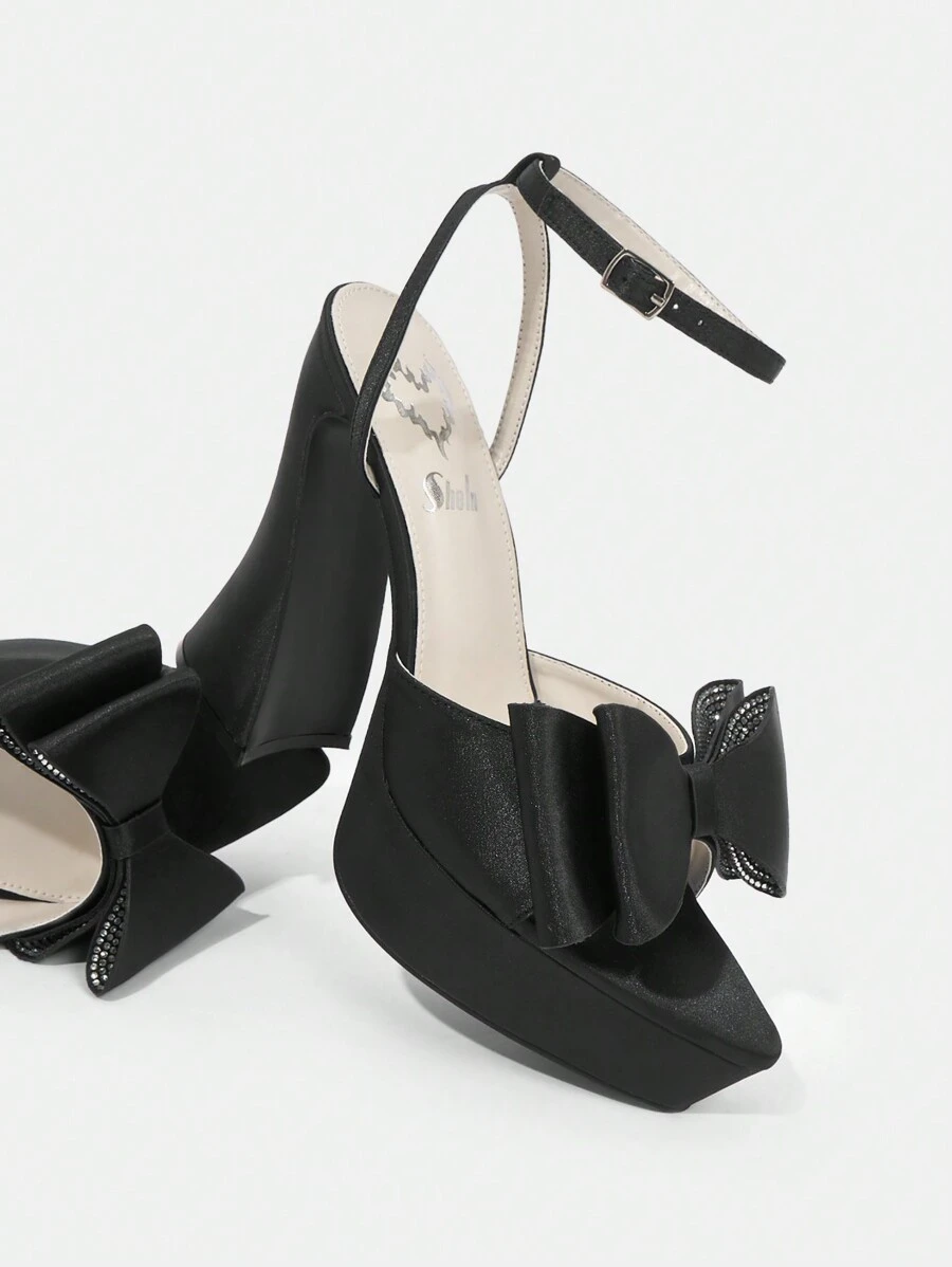 SheIn ICON 戶外女性圓頭高粗跟防水平台黑色涼鞋,鑲有鉆石裝飾和扣環帶 - 黑色 - 查看 1