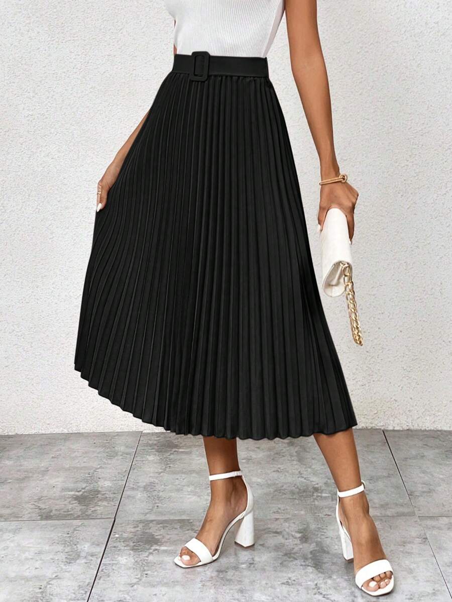 SHEIN Clasi 純色休閒高腰百褶裙 - 黑色 - 查看 1