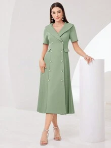 Modelyn Robe À Manches Courtes Doubles À Boutonnage Avec Ourlet Plissé Pour Femmes