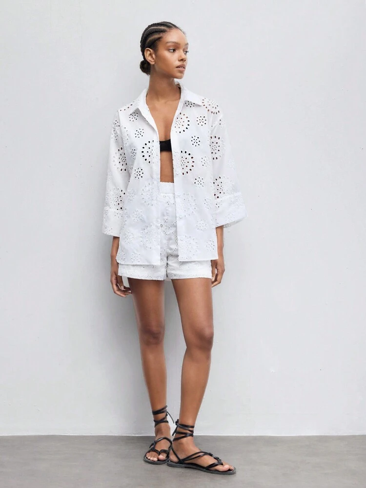 SHEIN Maija White Women Blouses Hollow Out Embroidery EyeletButton Front Casual Shirt  Casual Holiday Beach Cruise Travel  Romantic, Fashion, Versatile; Suitable For Summer Vacation, Comfortable, Bohemian Style, Beach Wear, Simple Daily Wear, Country Style, Essential, Solid Color, Holiday Casual, Decent, Single Lady,Elegant Women's Blouses Casual Blouse For Women Formal Attire For Women Office Wear Women Business