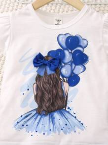 SHEIN Conjunto de 2 piezas compuesto por una blusa con cuello redondo y mangas cortas con estampado de silueta de niña y pantalones anchos plisados