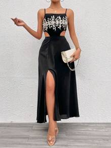 Chiquease Floral Embroidery Hollow Out Split Backless Cami Dress