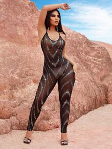 SHEIN SXY Music Festival Western Style Boho Fashion Gorgeous Women's Black Mesh Hollow Details Sequins Laser Zigzag Sexy Resort Nightclub Hot Girls Charming High-End Elegant Tight High-Elastic Mid-Length Long Jumpsuit - Black - View 5