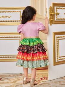 SHEIN Young Girl Round Neck Bubble Sleeve Ethic Style Printed Layered Ruffle Patchwork Dress - Pink - View 2