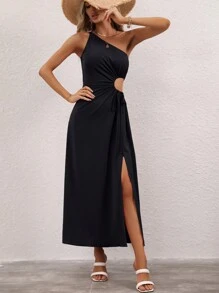 SHEIN LUNE Women's Solid Color One Shoulder Sleeveless Cutout Waist Side Split Dress - Black - View 5