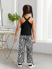 SHEIN Kleine Mädchen Für die Stadt optimiertes Set aus gestricktem Neckholder-Top und milchig gemusterten langen Hosen für Frühling/Sommer