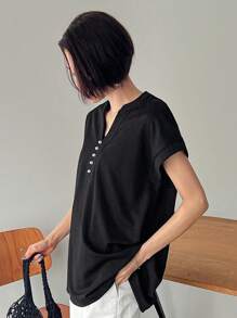 FRIFUL Women's Solid Color V-Neck Batwing Sleeve T-Shirt - Black - View 4