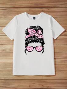 SHEIN LUNE 1pc Women Slim Fit Casual Figure Printed Round Neck Short Sleeve T-Shirt, Suitable For Summer, Family Matching