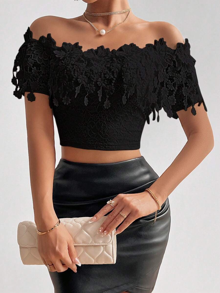 SHEIN Privé Của phụ nữ Ren Off Shoulder Viền tua Áo - màu đen - Xem 1