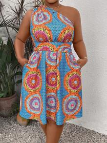 Breezaya Plus Size Women's Leopard Print One Shoulder Sleeveless Dress With Pockets