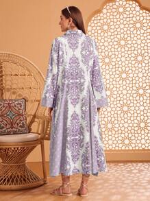 Al Najma 女式佩斯利印花喇叭袖阿拉伯连衣裙，端庄 - 紫色 - 查看 2