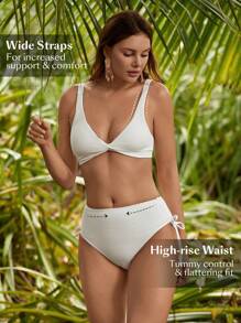 SHEIN Swim Conjunto de bikini con fruncido delantero en textura para mujer, verano - Blanco - Ver 3