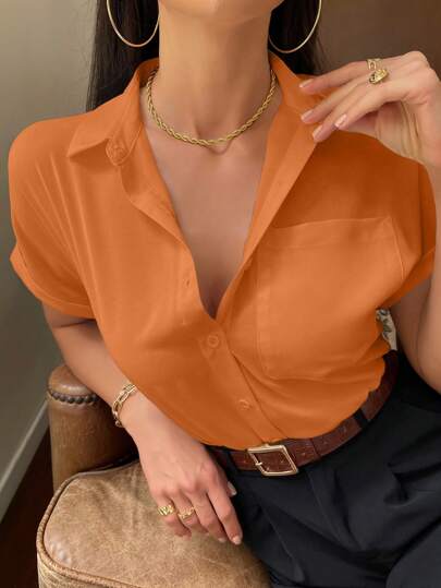 Serisse 純色釦扣口袋拼接開襟襯衫