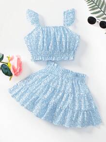 SHEIN 少女全印花方領上衣，配有荷葉邊袖口和裙子，2件套裝 - 淺藍色 - 查看 1