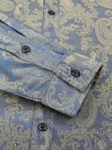 男士长袖佩斯利提花纽扣休闲衬衫