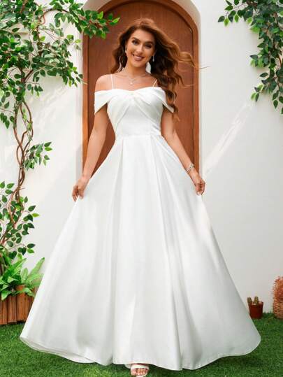 YUMIBRAVO 纯色缎面露肩连衣裙，带蝴蝶结装饰婚纱白色优雅新娘礼服，新娘