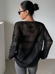 DAZY Solid Color Loose Fit Thin Women's Long Sleeve Round Neck Top Semi-Sheer Top - Black - View 2