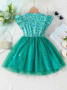SHEIN Young Girl Sage Green Elegant Fairy Summer Dress,Shining Printed Letters,3D Bowknot,Sparkling Double Layered Sheer Dress For 7th Birthday Dance Ball - Green - View 2