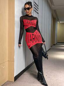 SHEIN Unity Black Printed Red Fishnet Dress - Red and Black - View 5